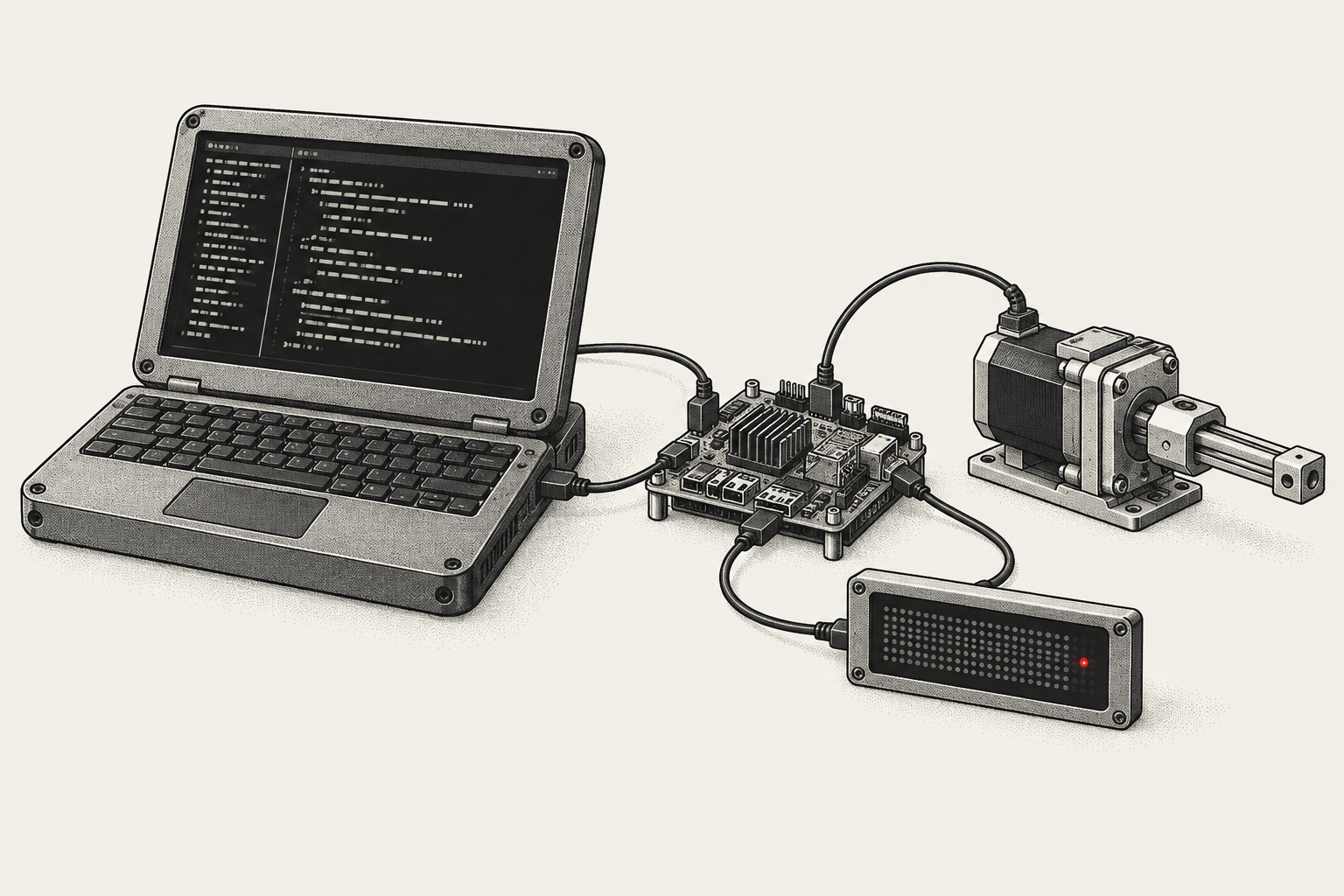 Illustrated engineering workbench connecting a computer, electronics, an actuator, and a matrix display.